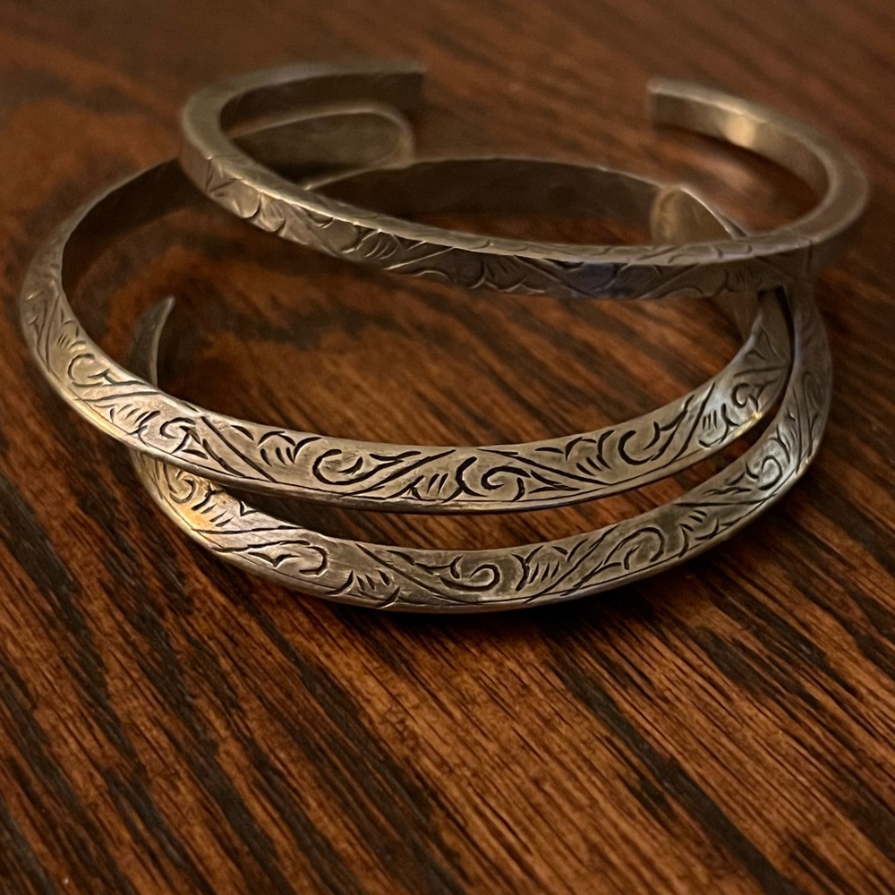 Engraved Silver-Tone Cuff Bracelets - Set of 3